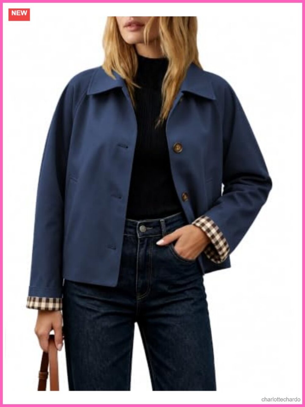 Hount Women's Cropped Trench Coat Plaid Lining Button Down Jacket Pockets